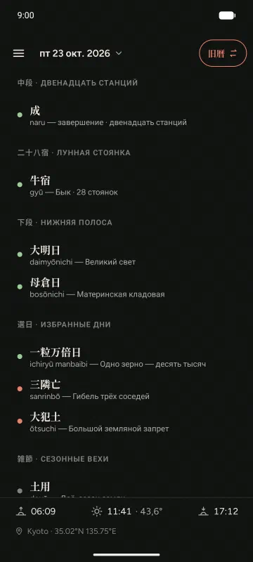 Альманах 旧暦: 中段, 二十八宿, 暦注下段 и 選日, у каждой записи — перевод